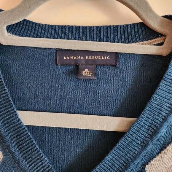 Banana Republic Lightweight Silk Blend Argyle Sweater XL Teal Gray Preppy - Picture 2 of 8